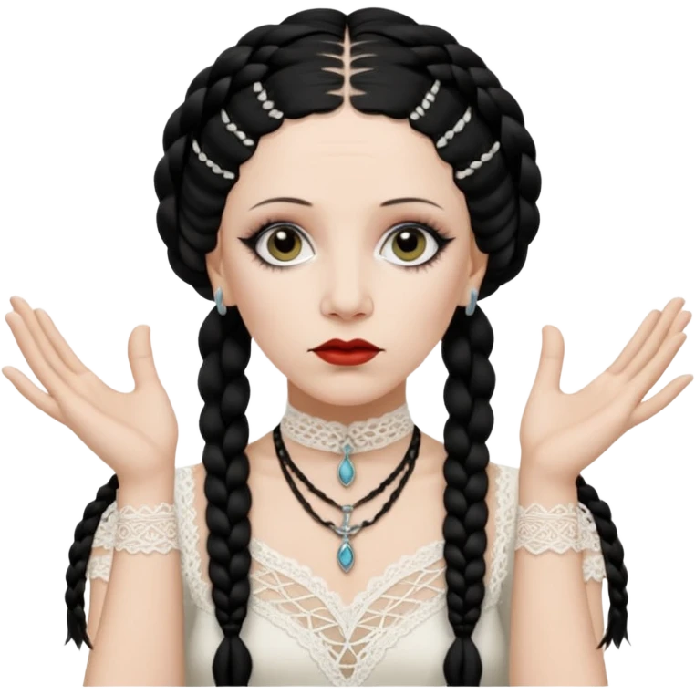 Lene Lovich as seen on the Stateless album cover with a typical symmetrical pose with her hands, lots of lace and braided hair emoji