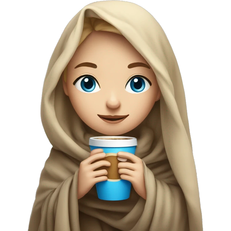  Cute dark Blonde girl with blue eyes wrapped in blanket drinking coffee emoji