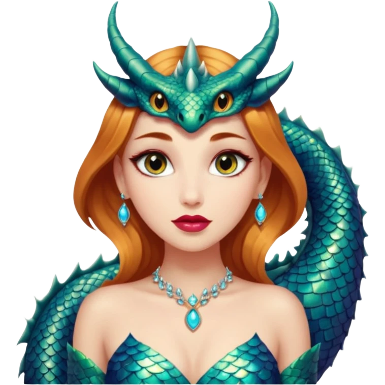 A gorgeous woman with dragon features with glittering jeweled scales covering her body. She has large almond shaped eyes, lush lips, and she wears a stunning luminescent gown. emoji