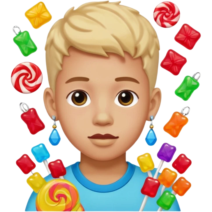boy with a lot of accessories and earrings made out of candy emoji