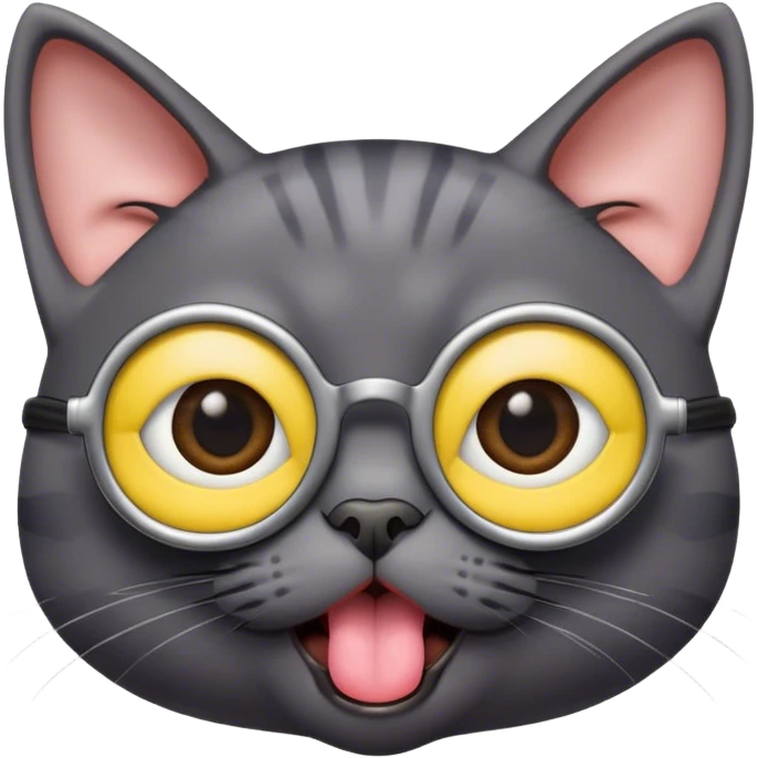Completely dark Gray Cat that has tongue all the way out out wearing minion glasses with body  emoji
