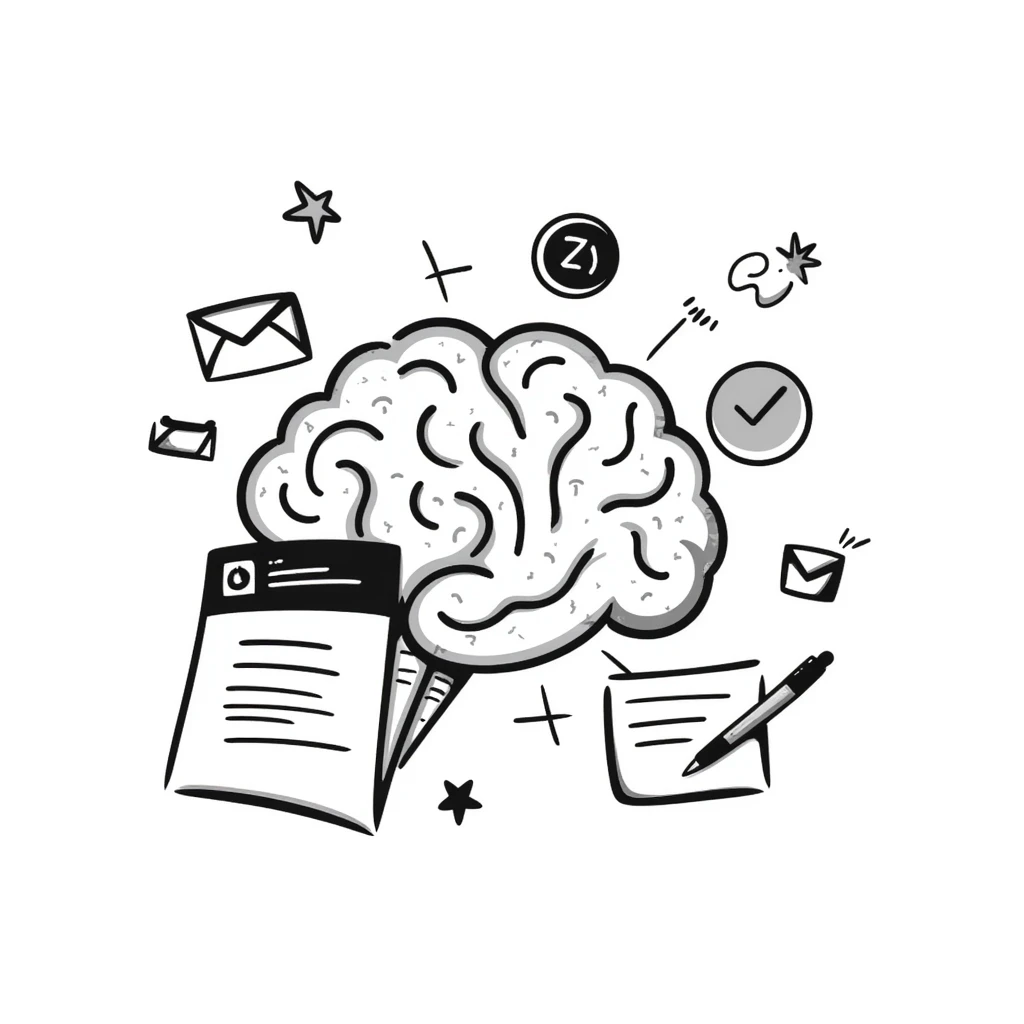 newsletter about AI, hand-drawn brain with circuits and newsletter elements emoji
