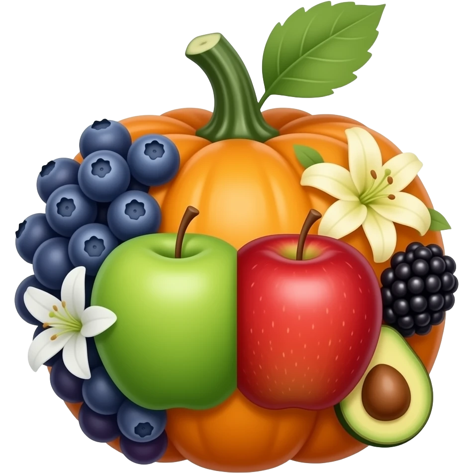 Blueberry and grapes and peach and pumpkin a double green red apple and grapes and an avocado and a flower and a blackberry and lily  combined  into one fruit emoji