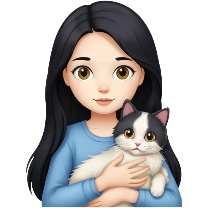 A girl with long black hair holding a cute Ragdoll cat emoji