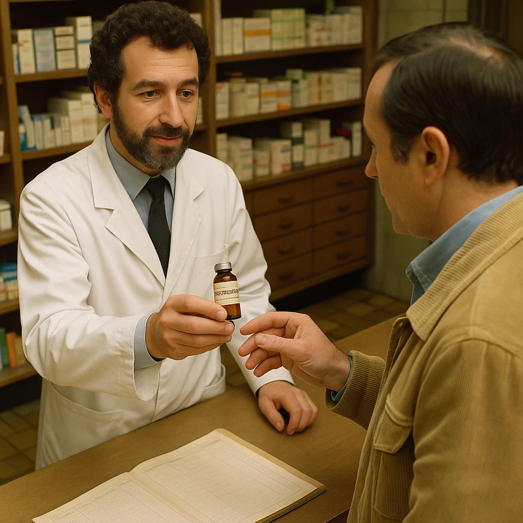 Create a realistic image of a pharmacist in France in 1980 delivering a vial of Trenbolone to a customer. The pharmacist and customer wear 1980s clothing, and the pharmacy environment and furniture reflect the 1980s style with historical details. The vial's label clearly shows the name 'Trenbolone'. The perspective is either a side angle or from above. Maintain the original style's realistic look. emoji