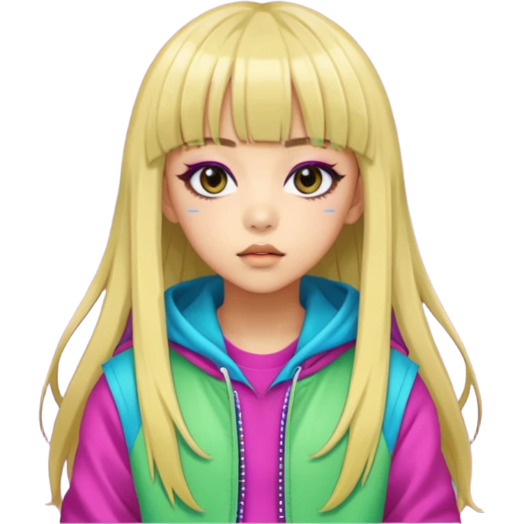  portrait-of-a-alien-k-pop-idol,-wearing-a-stylish-streetwear-outfit-with-layered-colorful-clothing,-long-hair-with-bangs,-makeup,- emoji