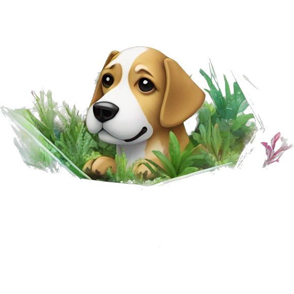 A dog made of glass mirror crystals prisms glass transparent filled with plants as a terrarium with graffiti doodles emoji