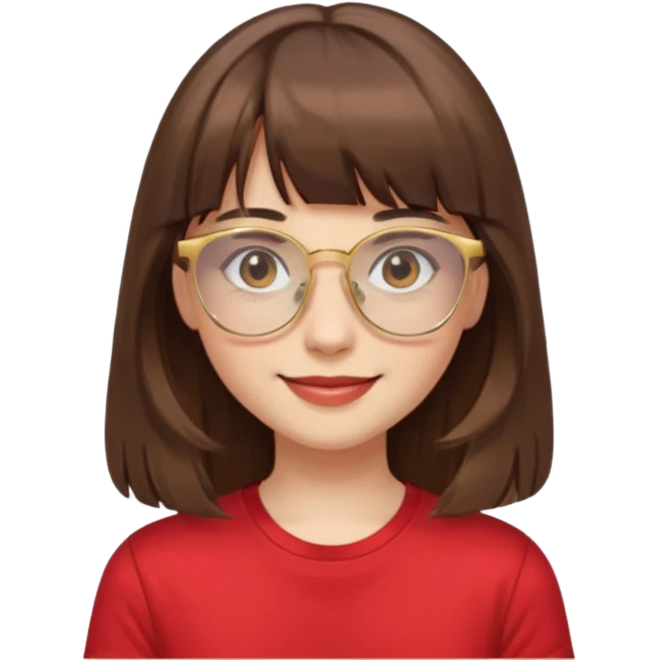 chica con piel blanca sonriendo, ojos marrones y pelo marrón muy largo con flequillo y lentes dorados con remera roja. emoji
