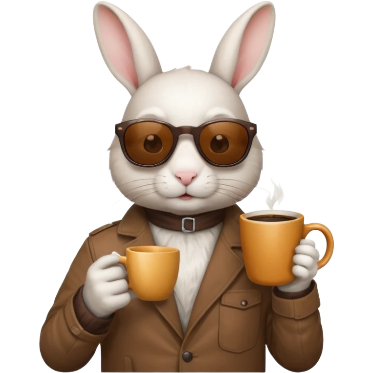 White rabbit, wearing brown jacket, sunglasses, holding coffee mug emoji