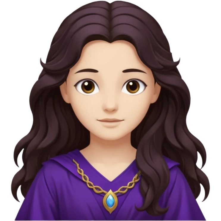 Libera from Olympus Gods with long dark brown wavy hair, deep purple tunic emoji