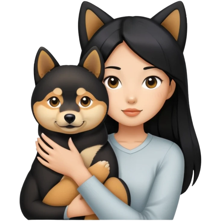 A girl with long black straight hair holding a black Shiba Inu emoji
