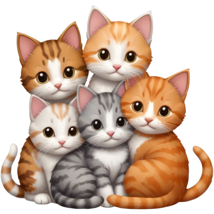 6 tiny kittens cuddling together all different colours, the first one is grey and white, the second is ginger and white and the third is brown tabby and white emoji