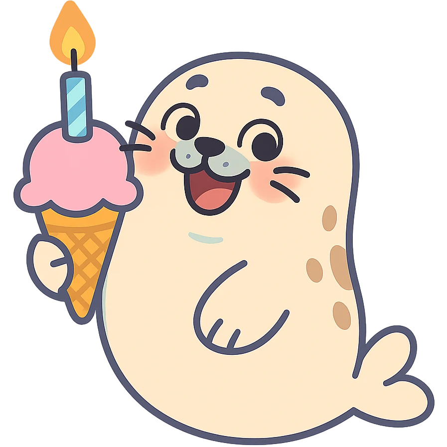 chubby seal holding ice cream cone with candle, pastel-toon style emoji