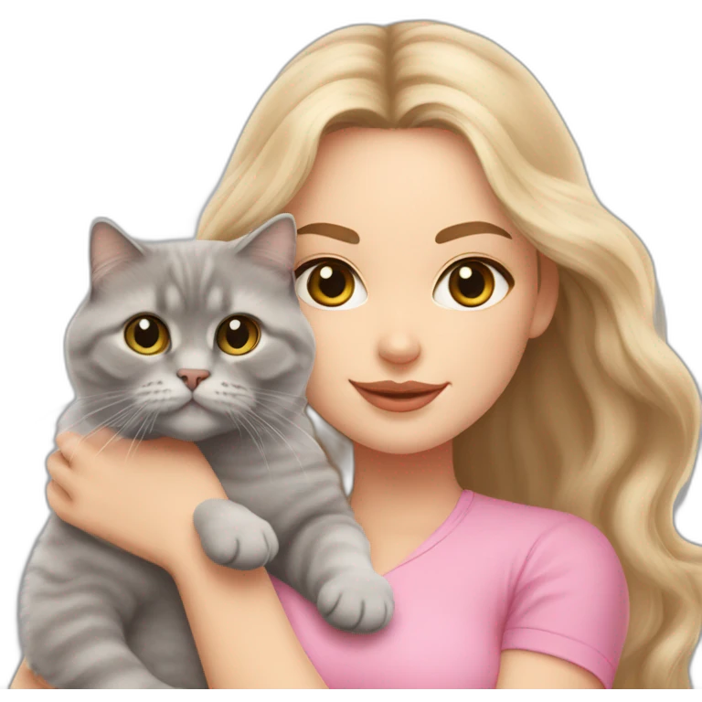 woman with grey eyes and long wavy blonde hair and in a pink shirt is holding a very fluffy and fat grey Scottish fold cat emoji