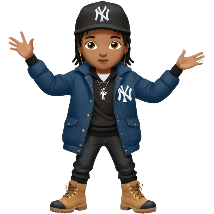 African American boy with short black dreadlocks wearing a black New York Yankees logo baseball cap wearing a black bubble winter coat wearing denim skinny jeans and timberland boots with hands pointing out emoji