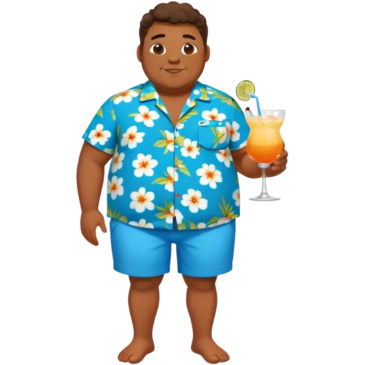 chubby guy full figure in a flowered azure havai shirt, brown shorts and flippers holding a cocktail emoji