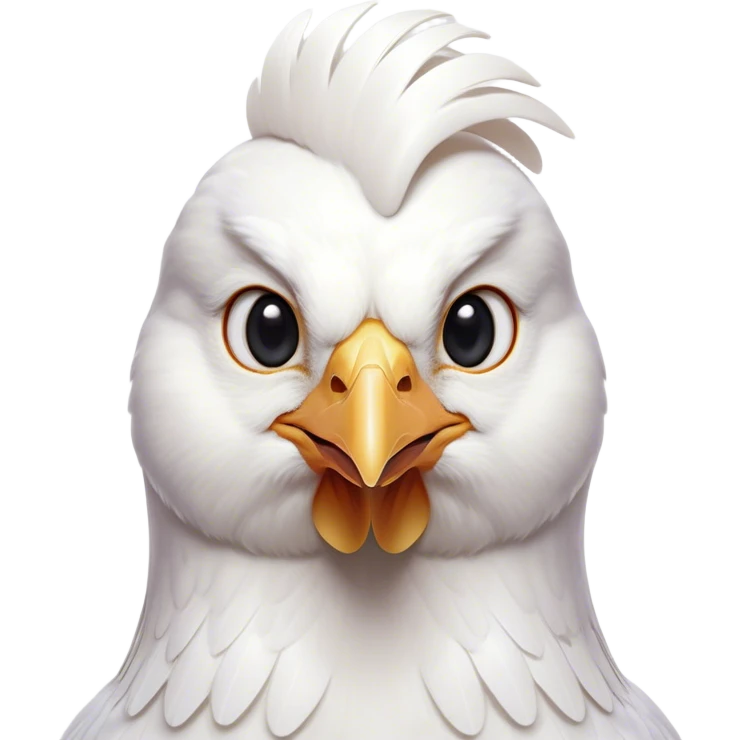 Cinematic Noble White Chicken Portrait Emoji, Poised and regal, with a compact, sturdy build and a pristine, well-groomed pure white plumage, deep-set soulful beady eyes, Simplified yet sharp and sophisticated features, highly detailed, glowing with a soft, dignified glow, high shine, intelligent and alert, stylized with an air of barnyard elegance, focused and attentive, soft glowing outline, capturing the essence of a watchful and confident fowl, so majestic it feels as though it could strut out of the screen with effortless authority! emoji