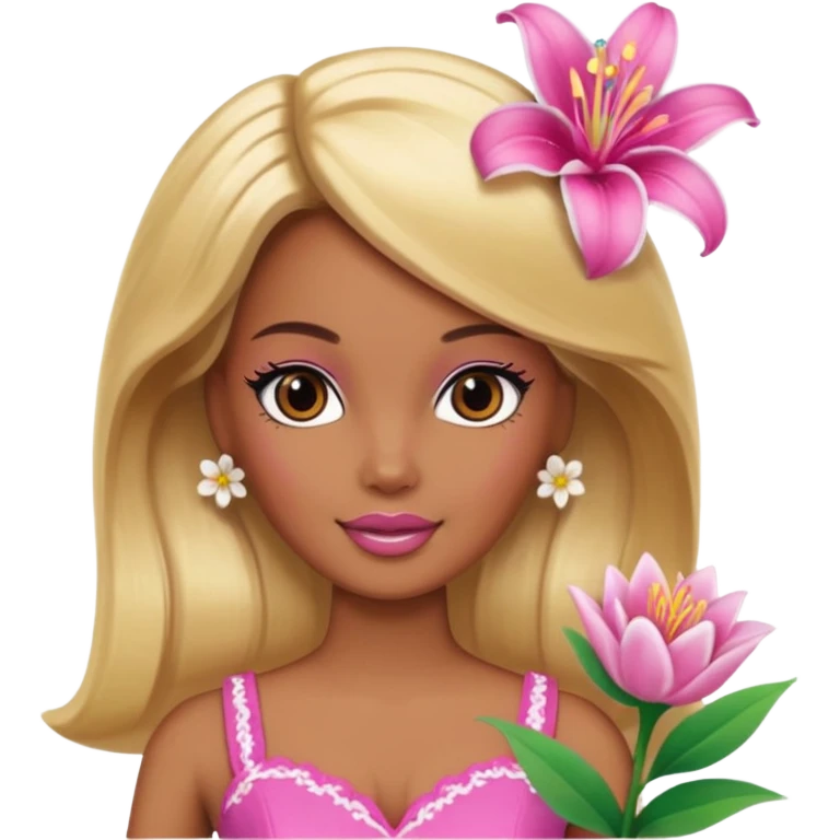 Brown skin blonde hair Barbie with flower Lilly in hair  emoji