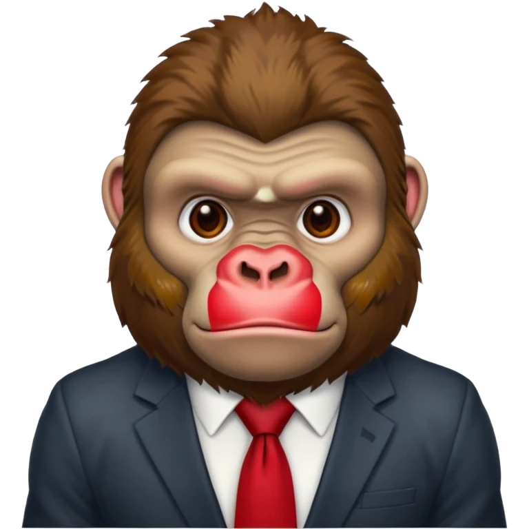 Brown haired cartoon gorilla with tufted fur on head, with light skin tone and a red tie emoji