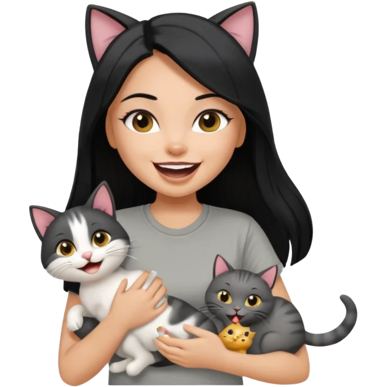 a pretty bratz dusky girl with long straight hair playing with 2 cats nd wearing a grey tshirt and laughing emoji