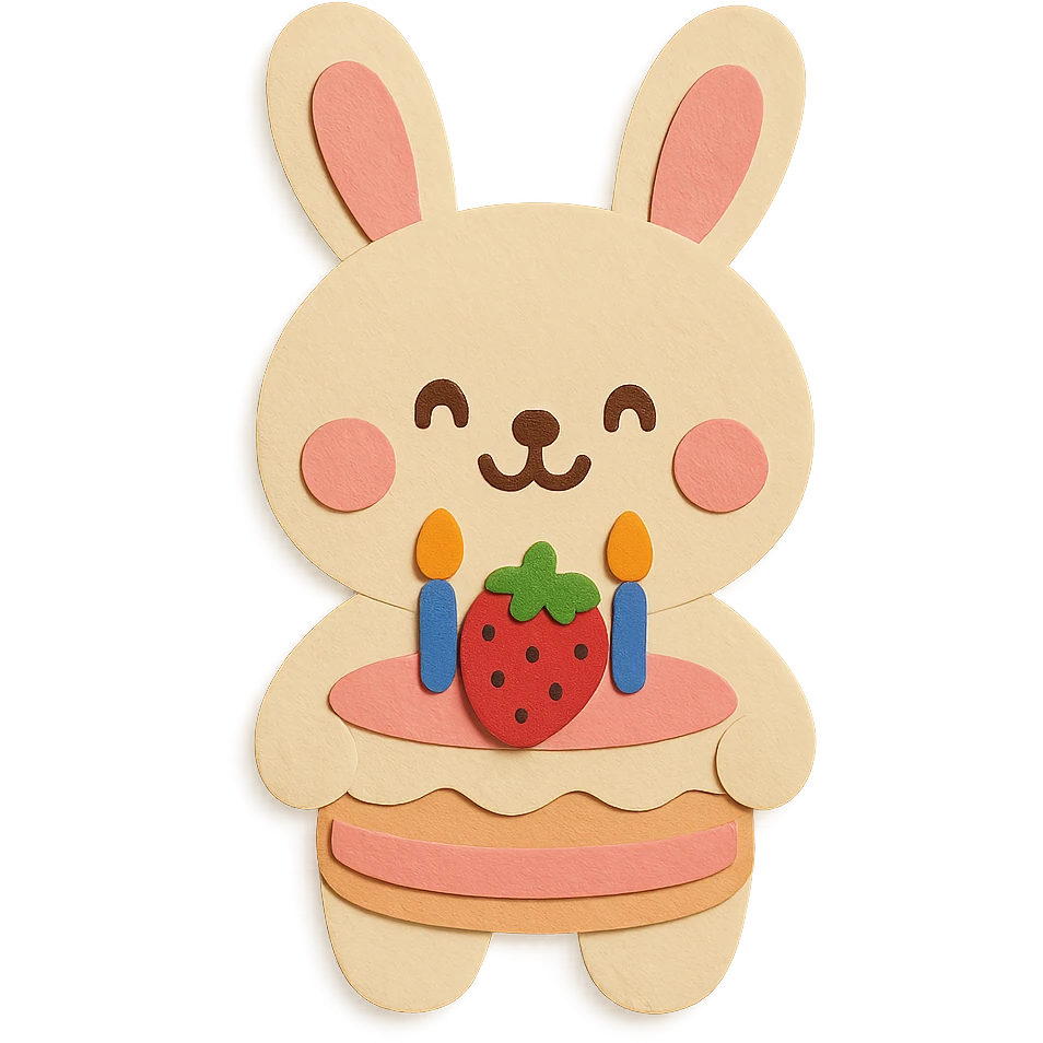 Make the bunny smile cutely, add a sweet and cheerful expression, keep the big strawberry birthday cake with candles emoji