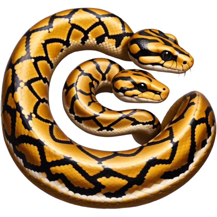 A photo-realistic top-down view of a Ball Python gently coiled into a tight spiral, with its head resting peacefully at the center. Its scales are warm brown with bold, irregular black markings, including the distinctive “alien-head” pattern, flowing smoothly along its body.  emoji