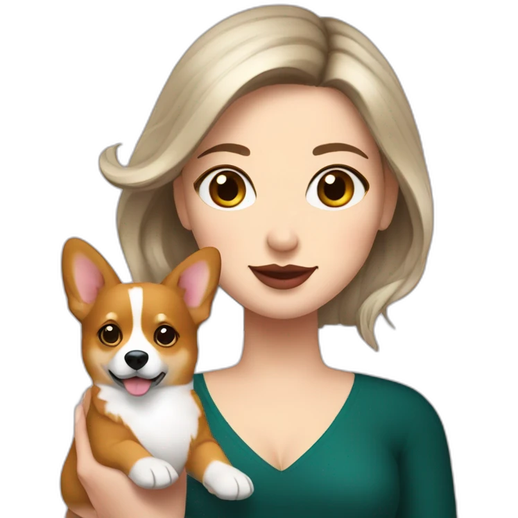a white girl with dark hair holding a corgi and a cocktail emoji