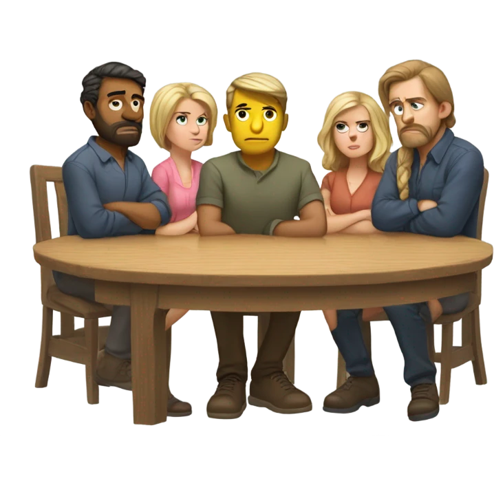 6 Caucasian people sitting around a table looking unhappy emoji