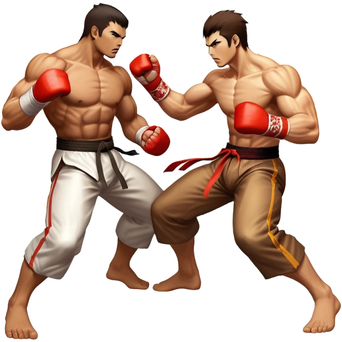 An icon showing two fighters in an intense battle, inspired by Tekken. The design features dynamic poses with powerful punches and kicks, surrounded by a vibrant, action-packed background. The characters are detailed, with glowing effects highlighting their strength. Transparent background. emoji