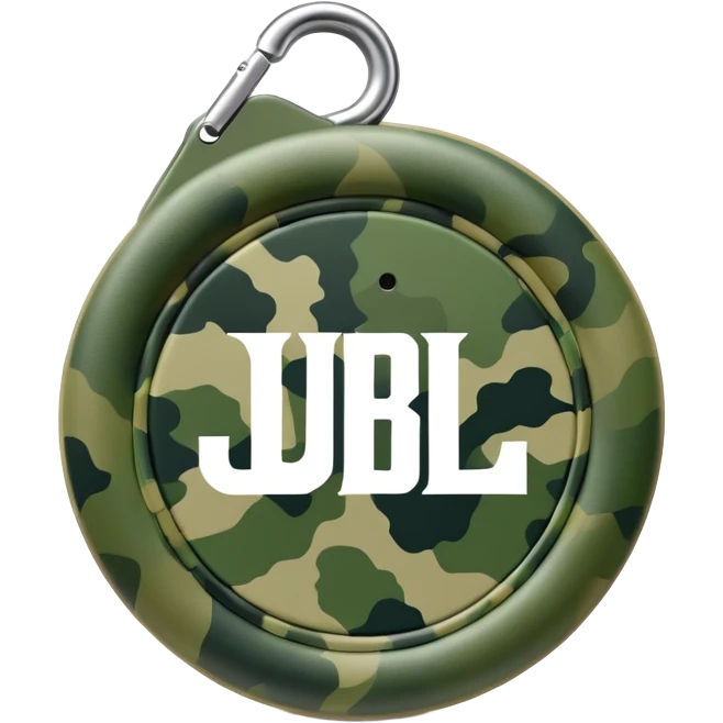 Extremely simple JBL Clip 4, clean circular form with hook, just 2-3 green camo elements, prominent JBL logo, iOS emoji style emoji