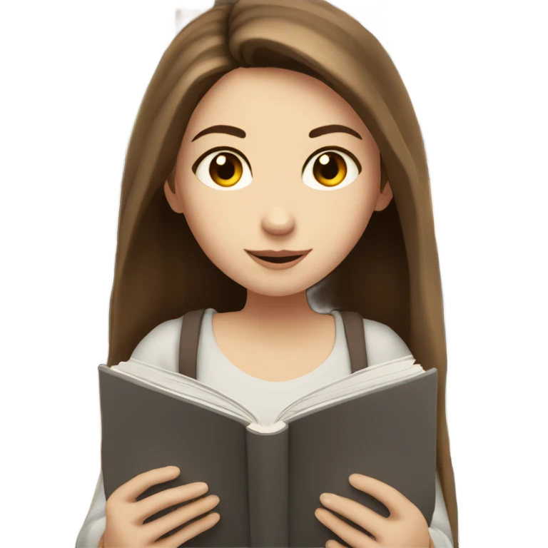 White girl with long brown hair and grey eyes reading a book emoji