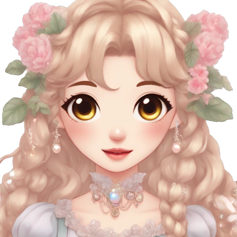 Gorgeous anime style lady with blushing face and accessories cottagecore fairycore Kawaii anime colorful pearly romantic aesthetic trending style emoji