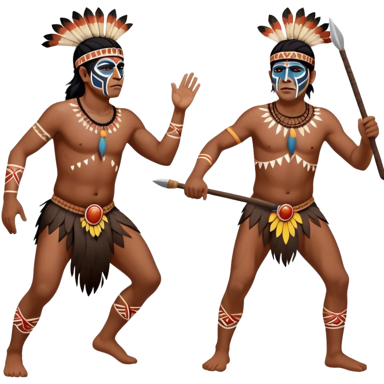 Cinematic Realistic scene of two indigenous male aboriginals performing an Aboriginal Corroboree, adorned in traditional body paint, A corroboree is an Australian Aboriginal ceremonial meeting. It usually includes celebration of Aboriginal mythology and spirituality, which is based in the Dreaming emoji