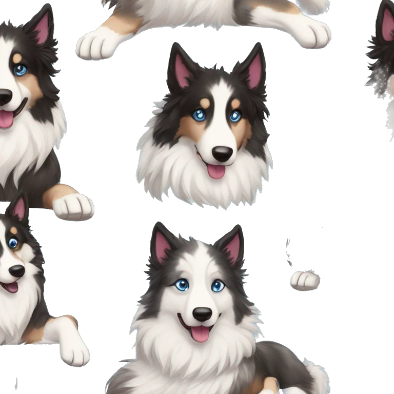  Black spotted brindle collie husky blue eyes fluffy ears and holographic harness running emoji
