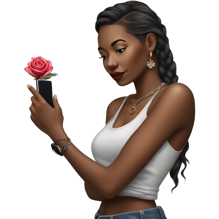 Hyper Realistic beautiful woman model with a small rose tattoo talking on a phone  emoji
