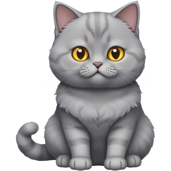 cinematic-[British shorthair cat]-realistic-full-body-sitting-emoji,-tail-curled-playfully-around-its-paws,-head-tilted-dramatically,-fluffy-[grey]-fur,-simplified-yet-hilariously-adorable-features,-highly-detailed,-glowing-with-an-almost-sarcastic-glow emoji