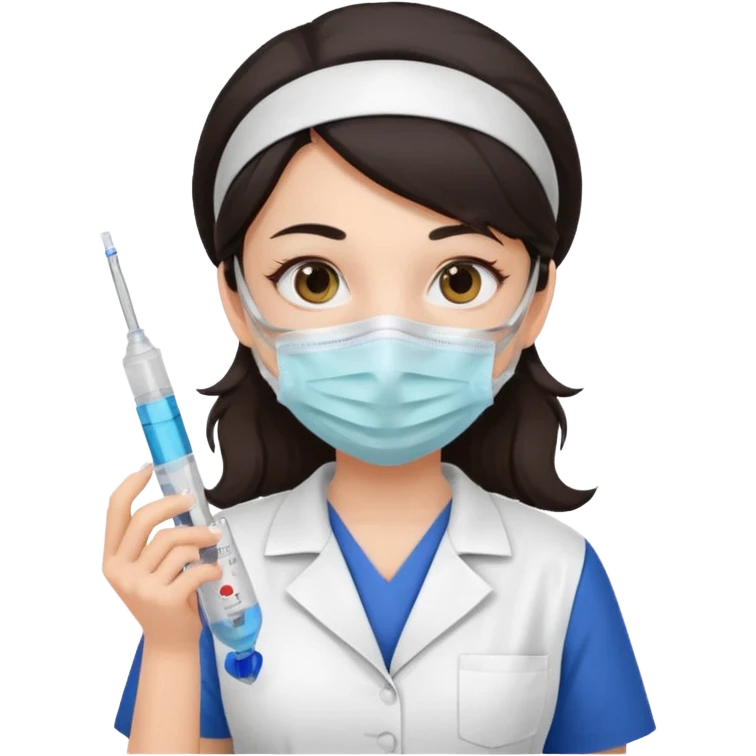 ی دختر با روپوش پرستاری و ماسک موی مشکی و امپول ب دست emoji