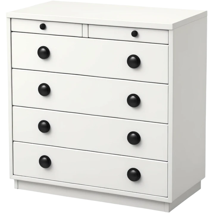 Minimalist white 6-drawer chest, one black knob per drawer, IKEA-like functionality emoji