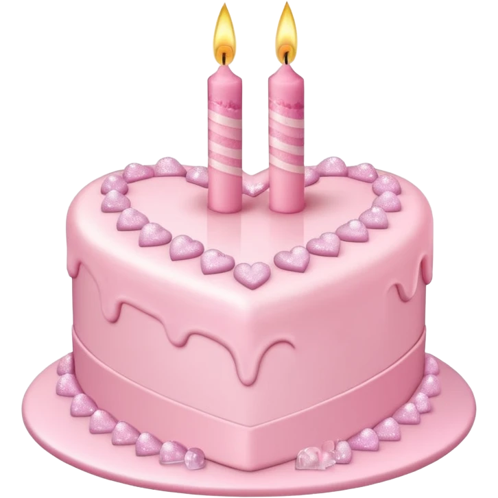 heart shaped birthday cake, pastel pink color, with one candle, sparkles, cute and cheerful emoji