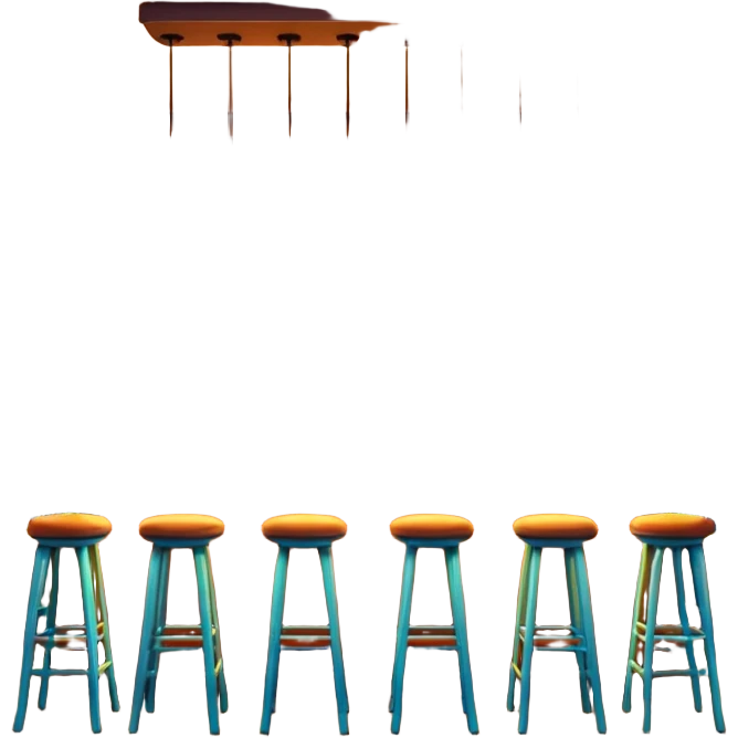 A 3D cartoon bar interior with a counter, glowing shelves of colorful bottles, tall stools, and hanging lights, warm ambient lighting, realistic reflections, Memoji-style. emoji