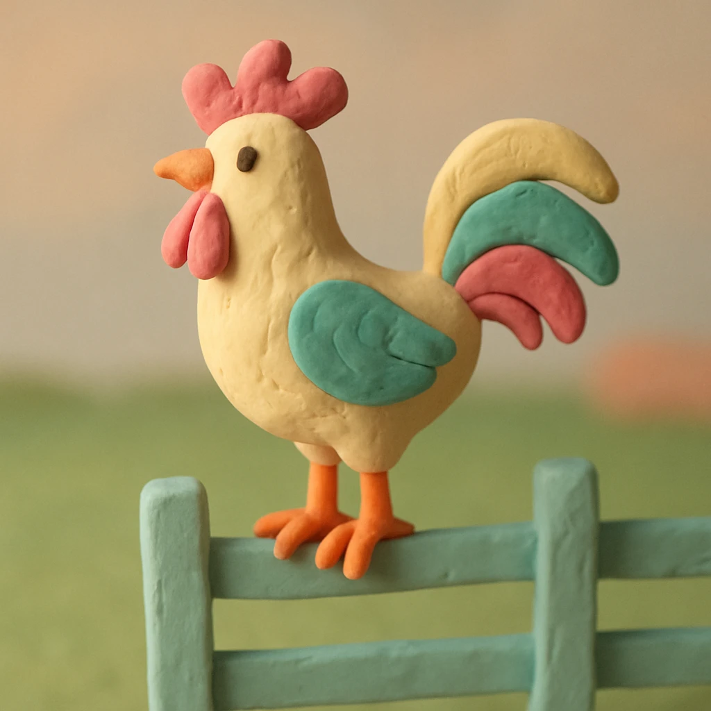 rooster standing on a fence, pastel colors, visible fingerprints, playful and textured in claymation style emoji