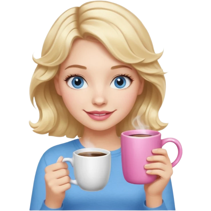 Girl Blonde short wavy hair,  blue eyes, cute blue top, long lashes, pink lips, holding white hot coffee mug emoji