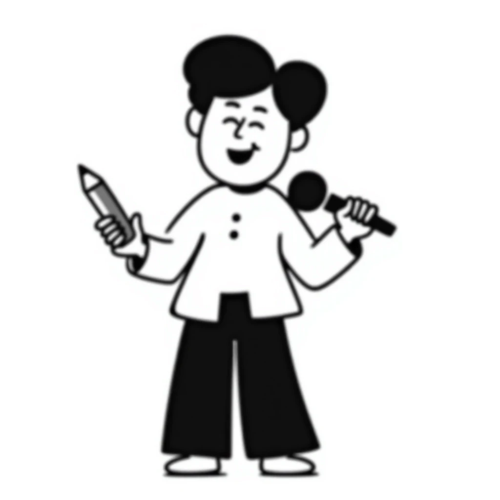 joyful singer with big smile holding a microphone in left hand and pencil in right hand emoji