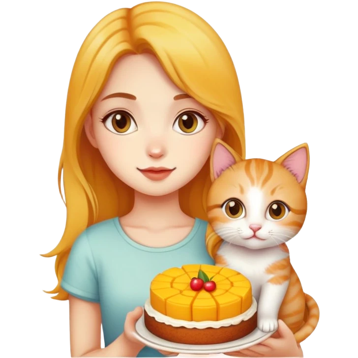 Beautiful girl holding a mango cake and a kitten emoji