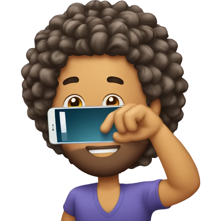 homem de cabelo cacheado curto segurando um celular emoji