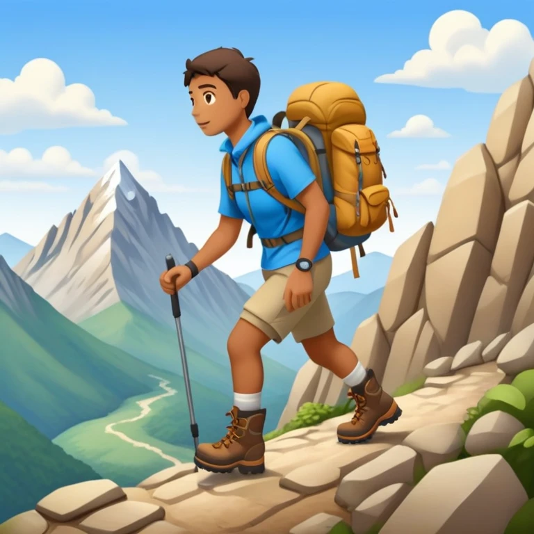 person hiking down one mountain and up another mountain emoji