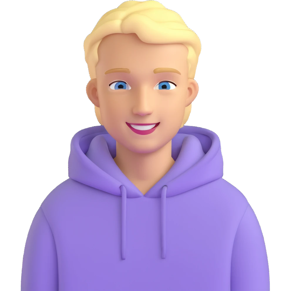 smiling blonde man with blue eyes in a lilac hoodie emoji