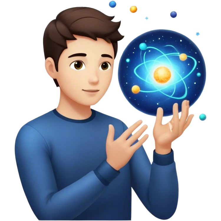 A young man floats in space, touching a particle that glows and expands, shaping the universe around him. Each touch creates new light, symbolizing how his choices build his own reality. emoji