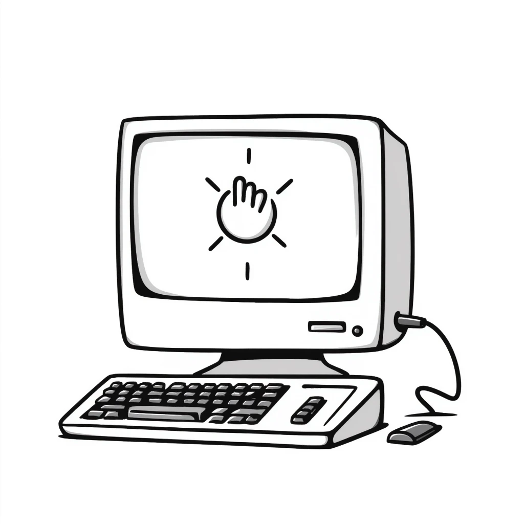 Pixel art style old Macintosh computer, simple monochrome linework emoji