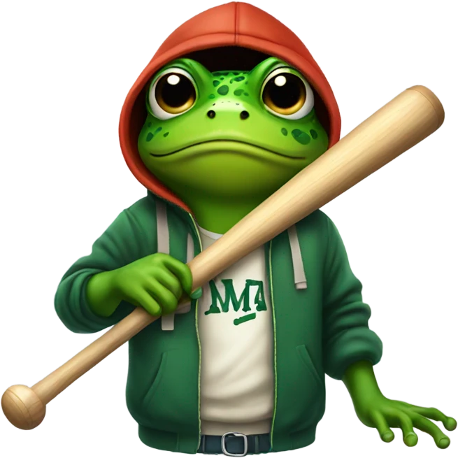 Frog holding a baseball bat with a hoodie on emoji